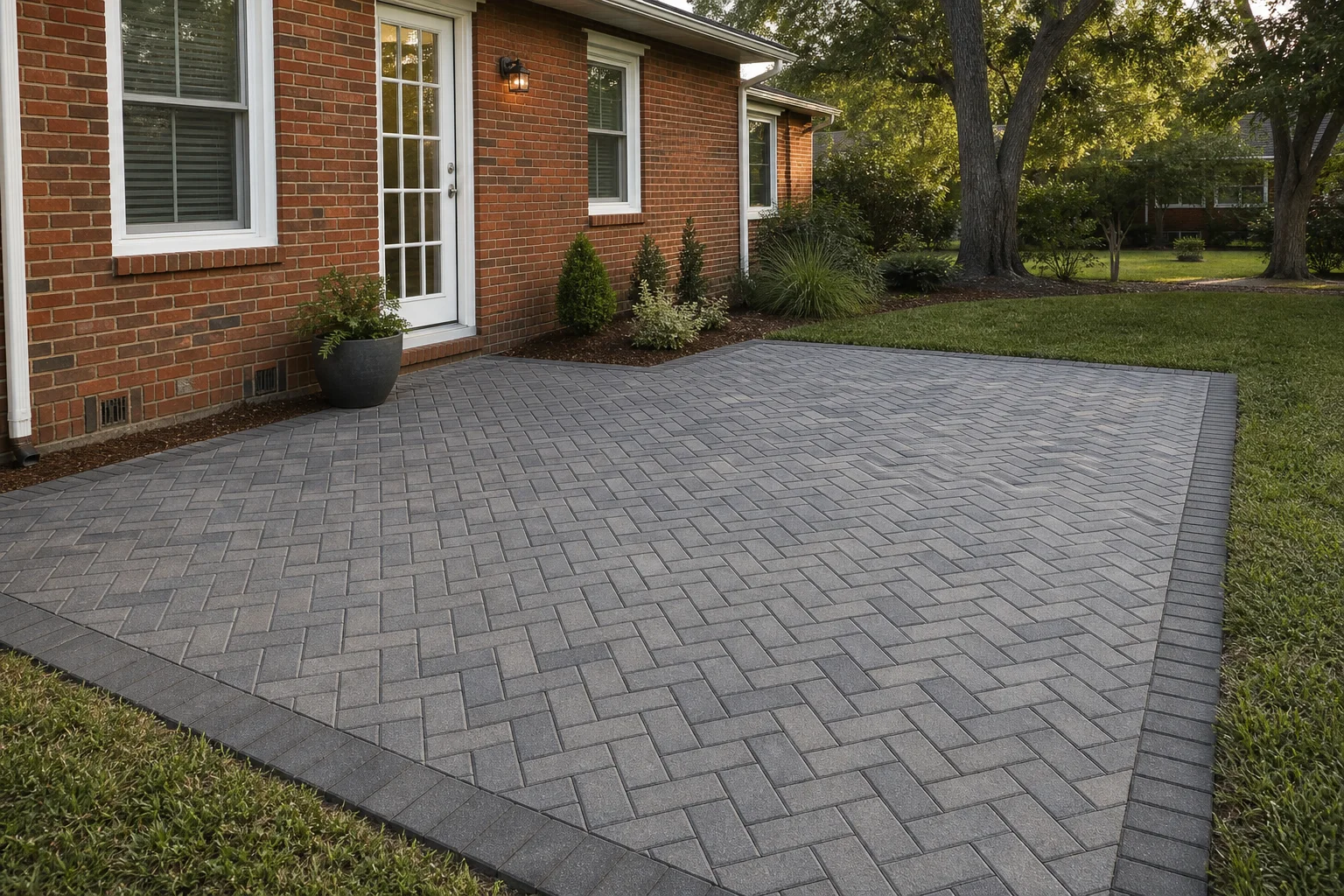 Illustrative finished herringbone paver patio beside a brick home